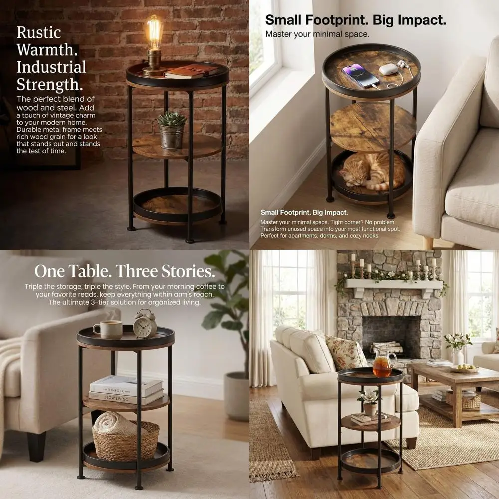 

Круглый журнальный столик в индустриальном стиле с 3 полками для небольших помещений, подходит для гостиной, спальни или использования на открытом воздухе, рустикальный B
