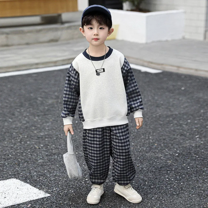 Autumn New Plaid Patchwork Boys' Clothing Sets Children Sports Sweatshirt+Pants Two Piece Suit Casual Kids Oufit Boys Tracksuit
