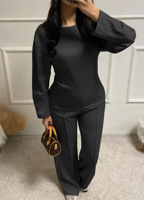 Herfst casual losse 2-delige set effen kleur ronde hals pitstreep gesplitste top en hoog getailleerde broek met rechte pijpen