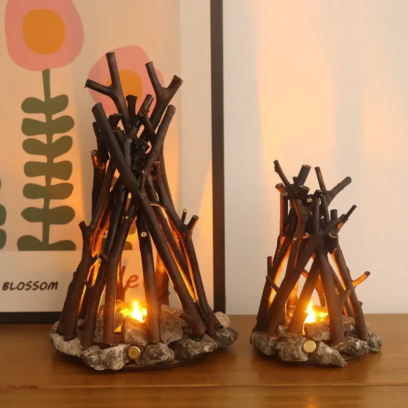 Handmade branches, burning flame lamps, tabletop creative decorative ornaments, brown c
