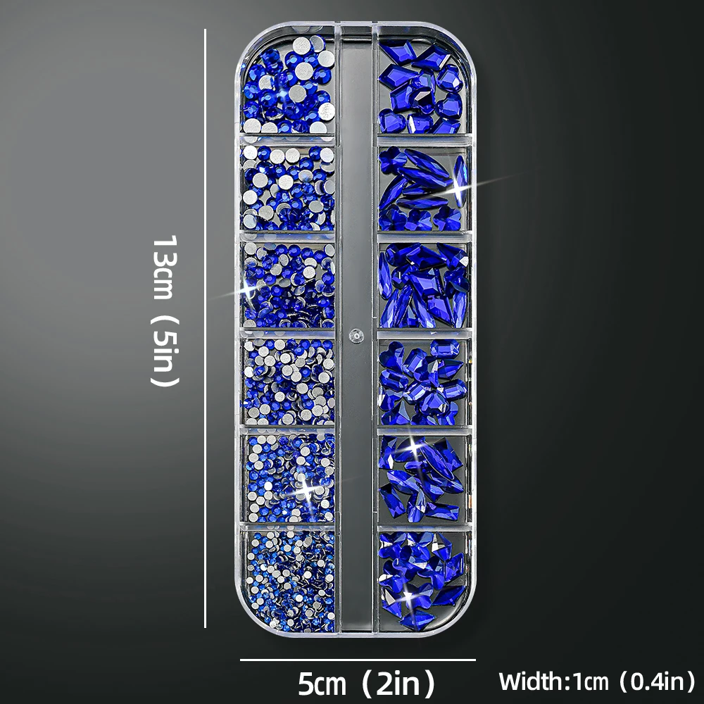12Grids 3D Luxuries Sapphire Ice Blue Nail Rhinestones Round/Heart/Square/Rhombus FlatBack Nail Rhinestones Jewels Nail Supplies