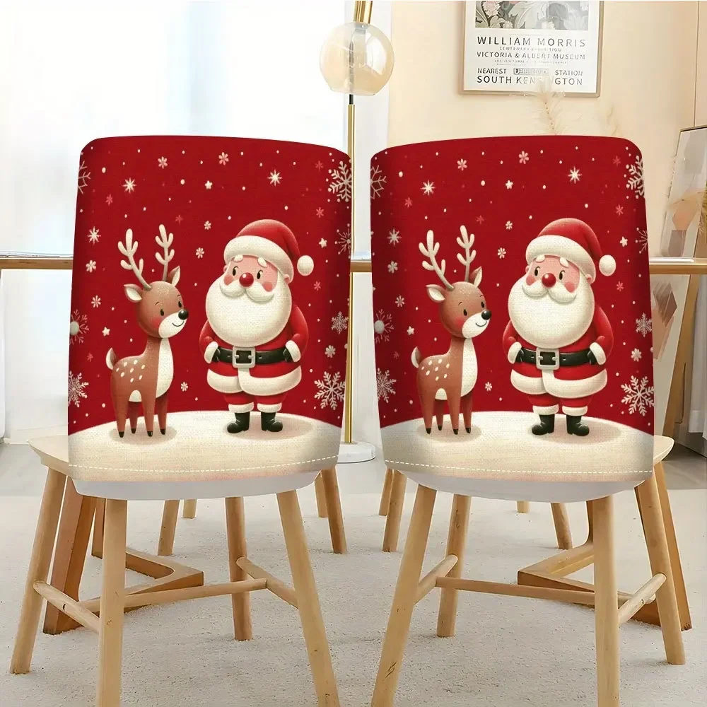 VIKAMA Santa Claus Reindeer Christmas Red Background Chair Covers 2/4/6 PCS for Holiday Party Kitchen Home Decor