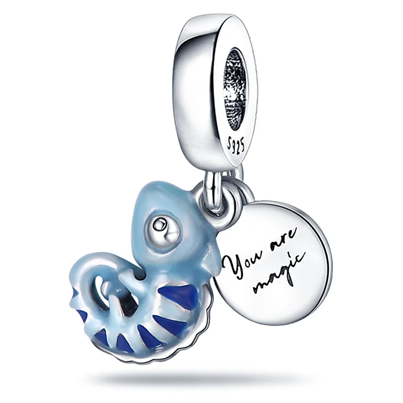 Ocean muszla Charms Plata De Ley 925 srebrny niebieski delfin ogon syreny Charms pasuje Pandora oryginalna bransoletka DIY tworzenia biżuterii