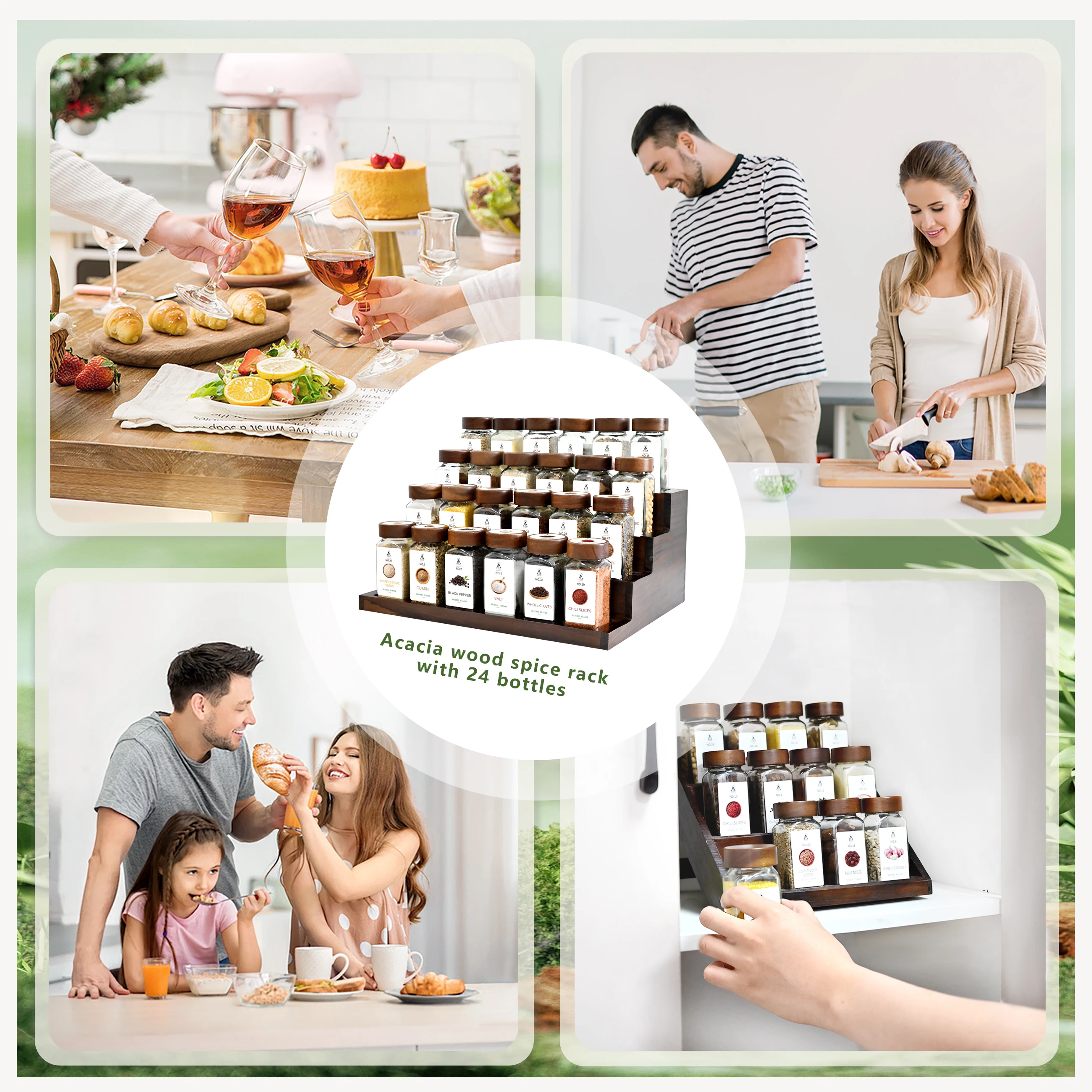 SIAZIH Set mit 24 x 120 ml Gewürzflaschen und einem 2-in-1-Akazienholztablett, 120 Etiketten für platzsparende Küchenorganisation – Detail 5