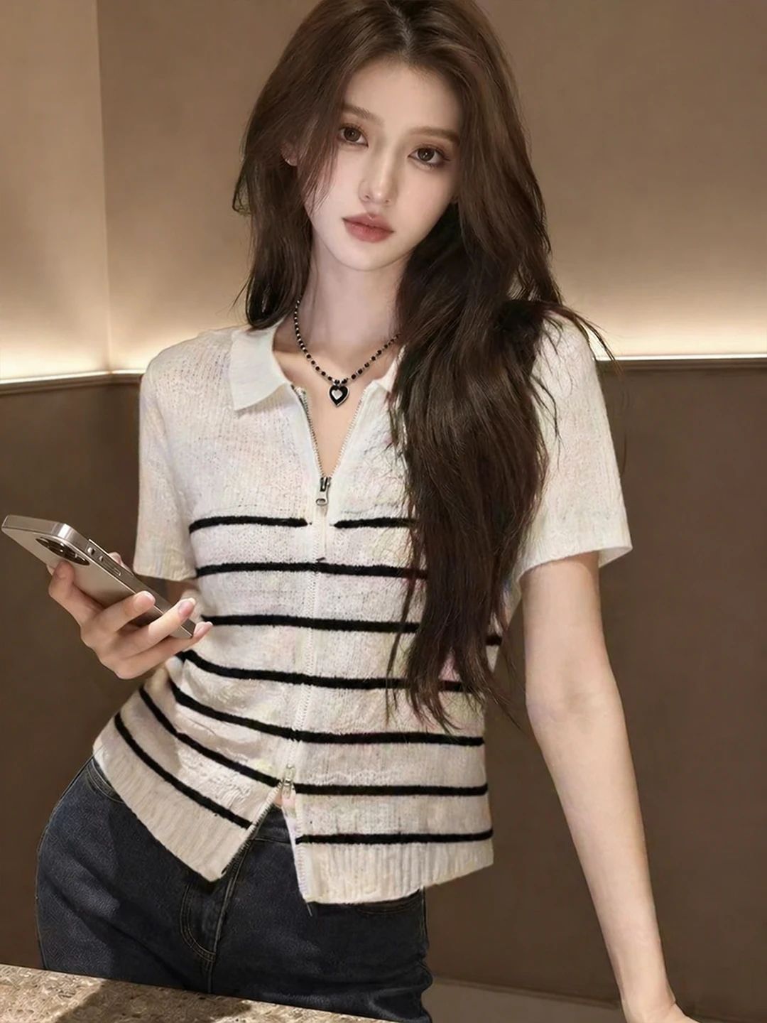 

Fashionable Neck Short Sleeve Knitted Top Women's Striped Color Block Summer Korean Style Straight Cut Commute Style