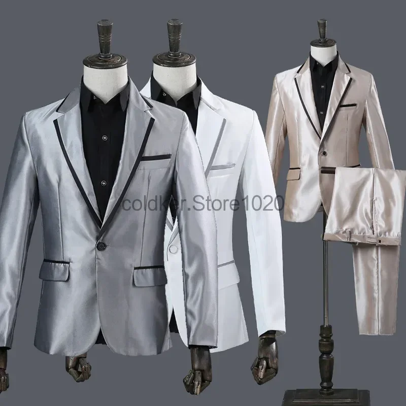 

2pcs Suit Set for Men Singer Host Stage Performance Blazer with Pants Bow Tie Groomsmen Formal Wear Men's Fashion Westwear Set