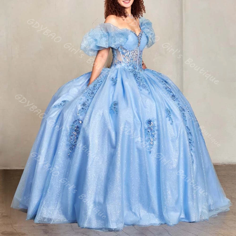 

Girls Off the Shoulder Quinceanera Dress Glitter Beaded Applique Ball Gown Sweet 15 Birthday Dress Custom XV Prom Evening Gowns