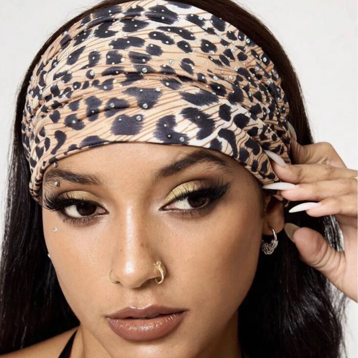 Fashion Woman Headband with Rhinestone Leopard Print Wide Hairband Y2K Hair Accessories Sports Workouts Makeup Large Hairbands
