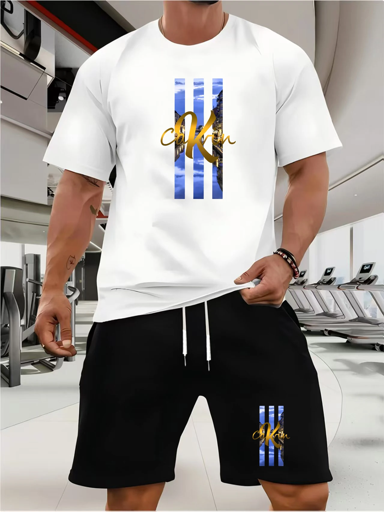 

2025 New Fashionable Design Men's T-shirt Men's Sports Drawstring Shorts Simple Printed Men's Two Piece Set Summer Sports Breath