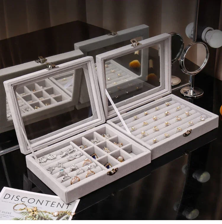 

New Velvet & Glass Jewelry Display Organizer Box - Tray Holder Storage Case for Rings & Earrings