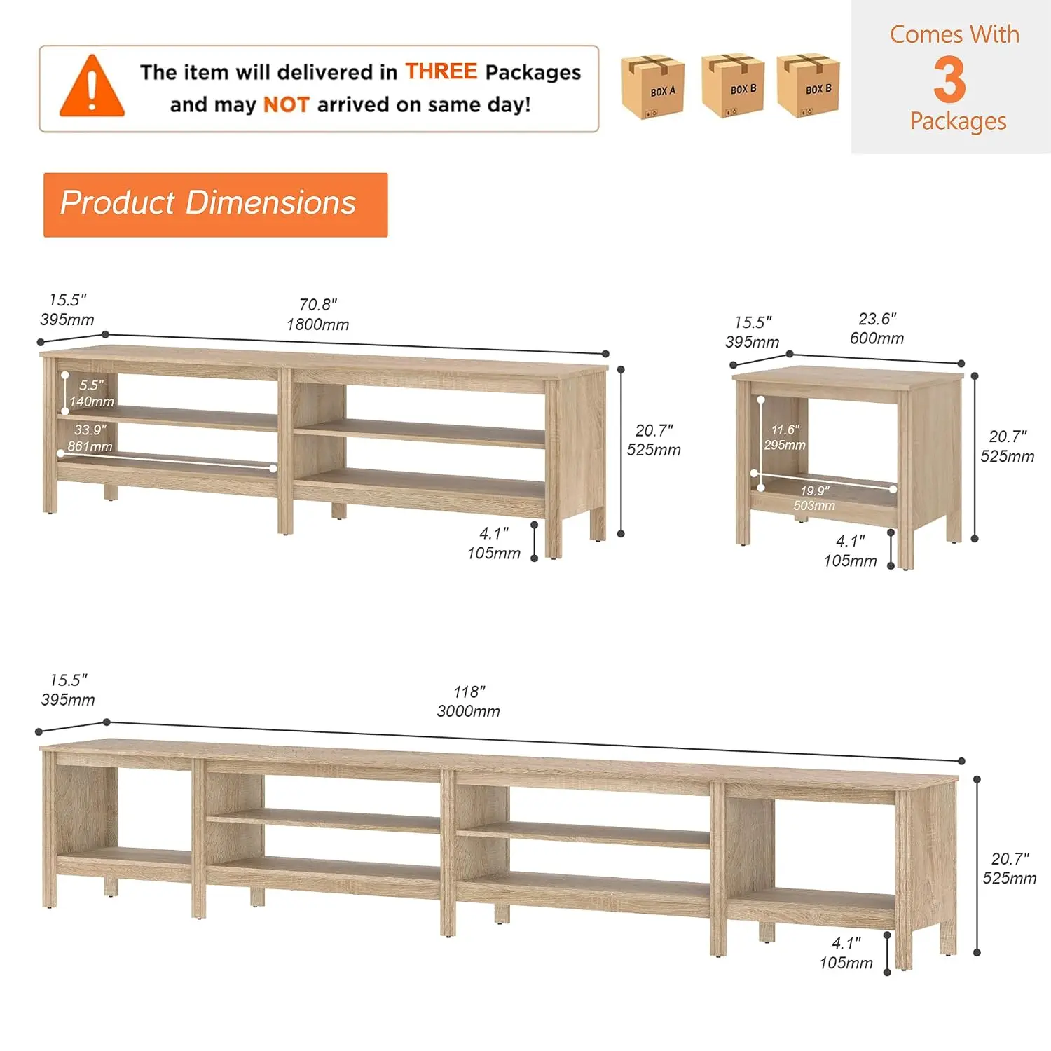 Wood TV Stand Entertainment Center Console Table with 6 Cubby Storage for Living Room Bedroom 100 95 90 85 Inch, Oak, Customized