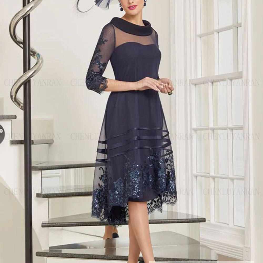 

Tulle Applique Mother of the Bride Dresses 2025 Dark Blue Wedding Guest Gowns Tea-Length Elegant Dress Women For Wedding Party