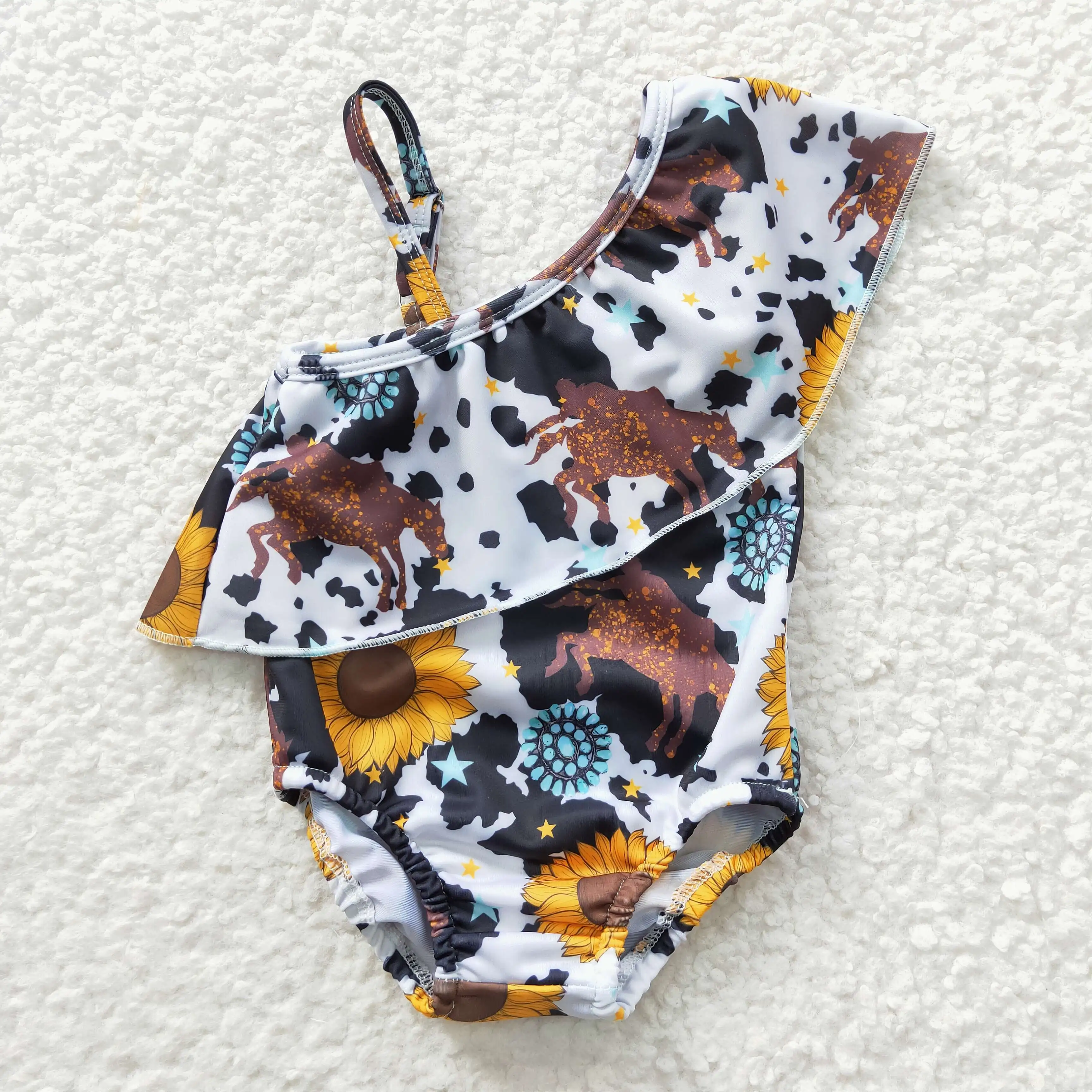 New Design RTS Western Cowboy Pattern Baby Sunflower Romper Summer Girls Swimsuits T​oddler Onesie Swimwear