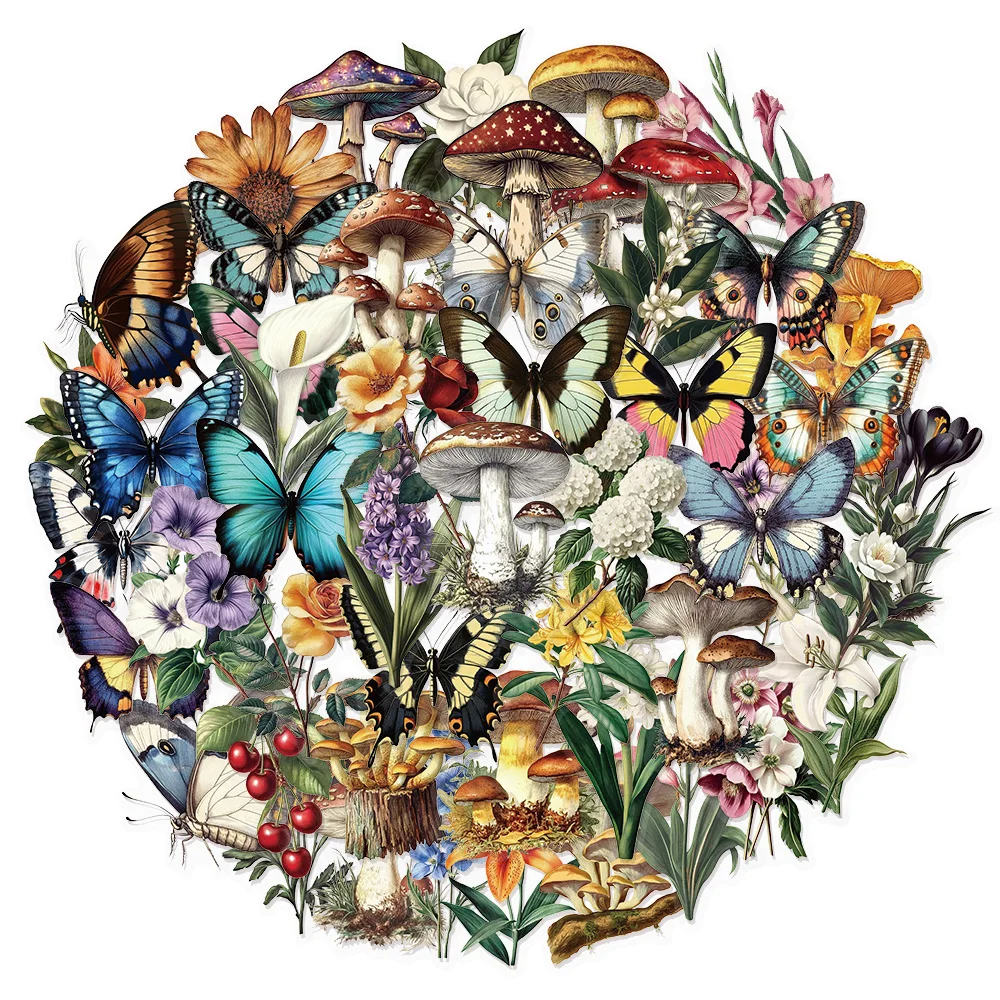 50PCS Retro Mushroom Plant Butterfly PET Creative Speaker Phone Case Notebook Skateboard Motorcycle Sticker