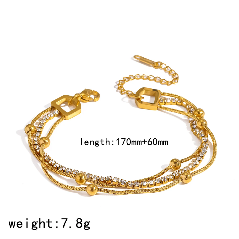 18K vergoldetes Edelstahl-Armband mit drei Schichten und glänzenden Zirkonen, wasserdichtes Schmuckzubehör für Damen – Detail 8