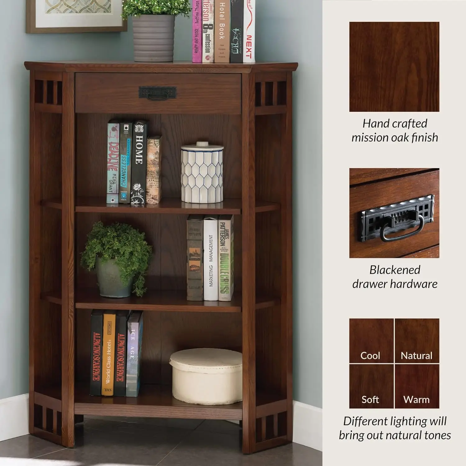 

Mantel Height Corner Bookcase with Drawer Storage, Made with Solid Wood, for Entryway, Living Rooms, Home Office, Bedroom