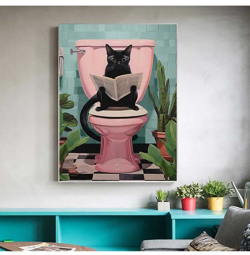 Modern Simple Wall Art Funny Animal Black Cat Cat Reading Newspaper Canvas Print Poster Home Toilet Bathroom Decorative Pictures