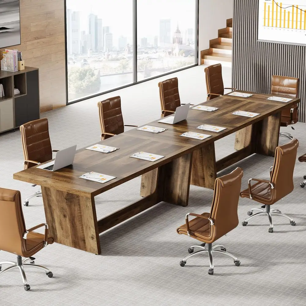 

12FT Conference Table, Modern Meeting Seminar Table for 1214 Person, Rectangular Solid Executive Business Furniture Boardroom D
