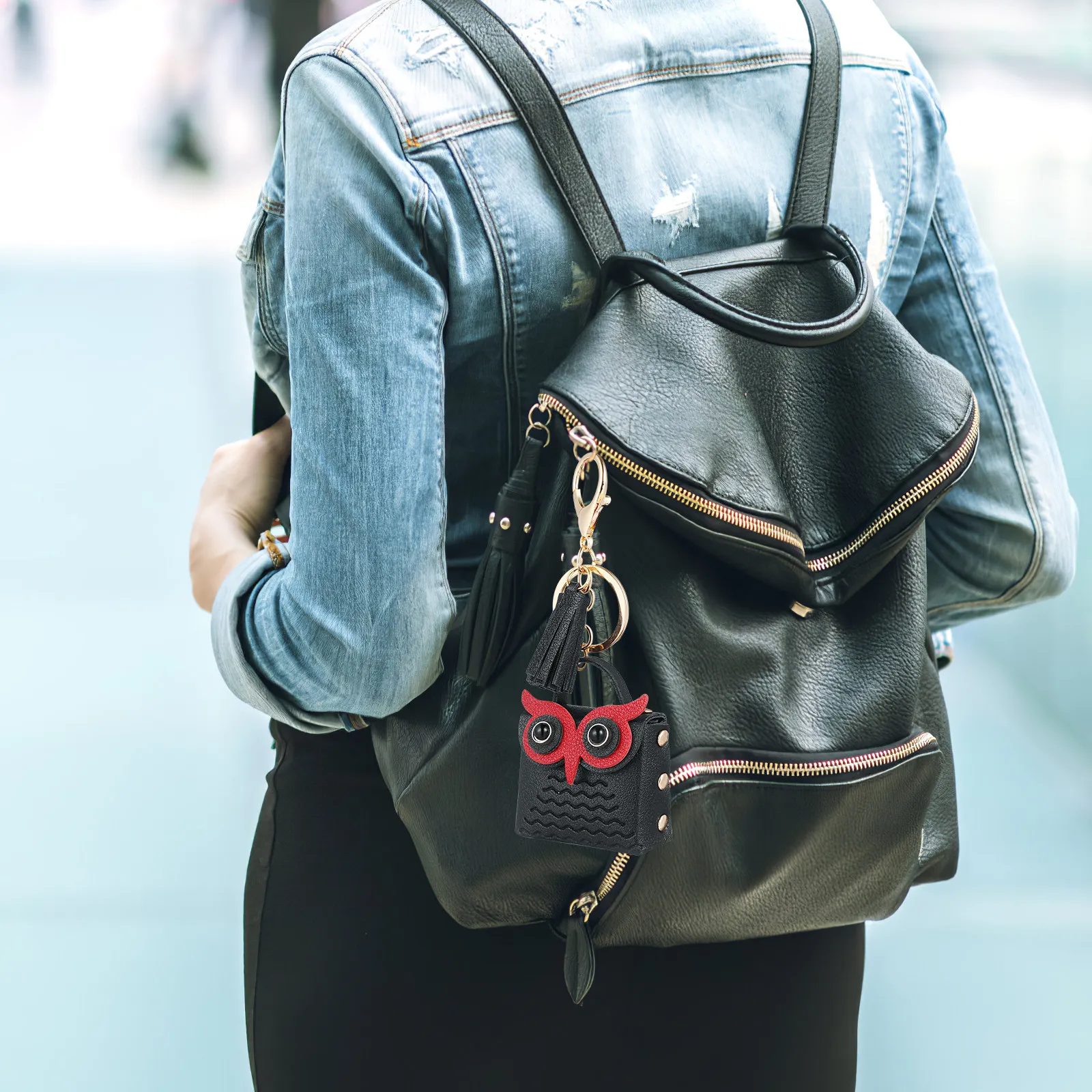 Cartoon Owl Earphone Storage Bag PU Earbuds Case with Metal Button Closure Keychain Pouch for Women Girls Earbud