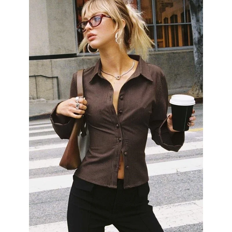 Retro Street Style Sexy Basic Stripe Lapel Shirt Waist Women's Princess Sleeve Other Material100% Non-deformable Spring 2026