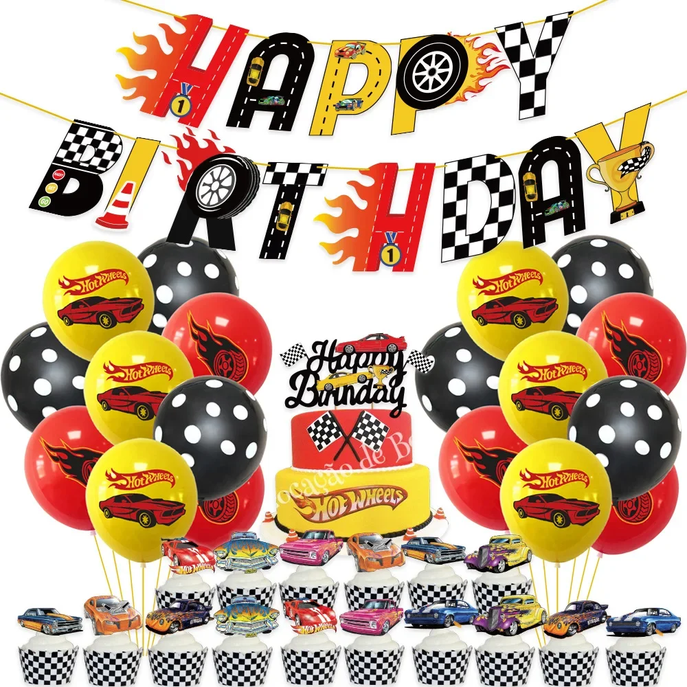 Hot Wheels Racing Theme Latex Balloon Happy Birthday Banner Ballon Cake Topper Suit Racing Party Decor Balon For Boy Kid