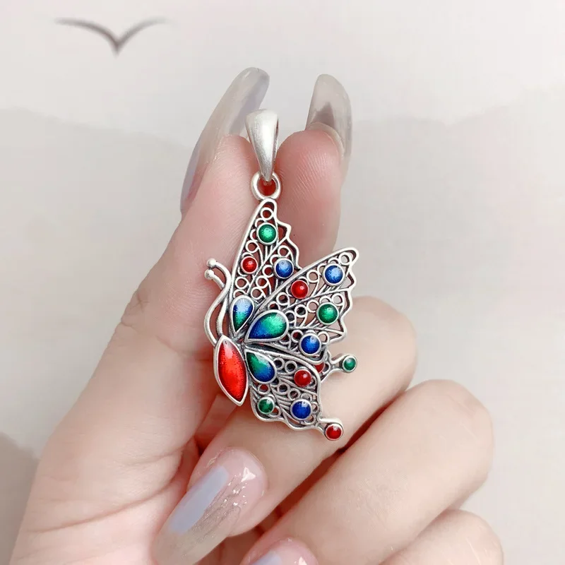 

Vintage 925 Sterling Silver Colorful Butterfly Pendant For Women Girls Ethnic Style Enamel Insect Hollow Pendants Jewelry DZ050