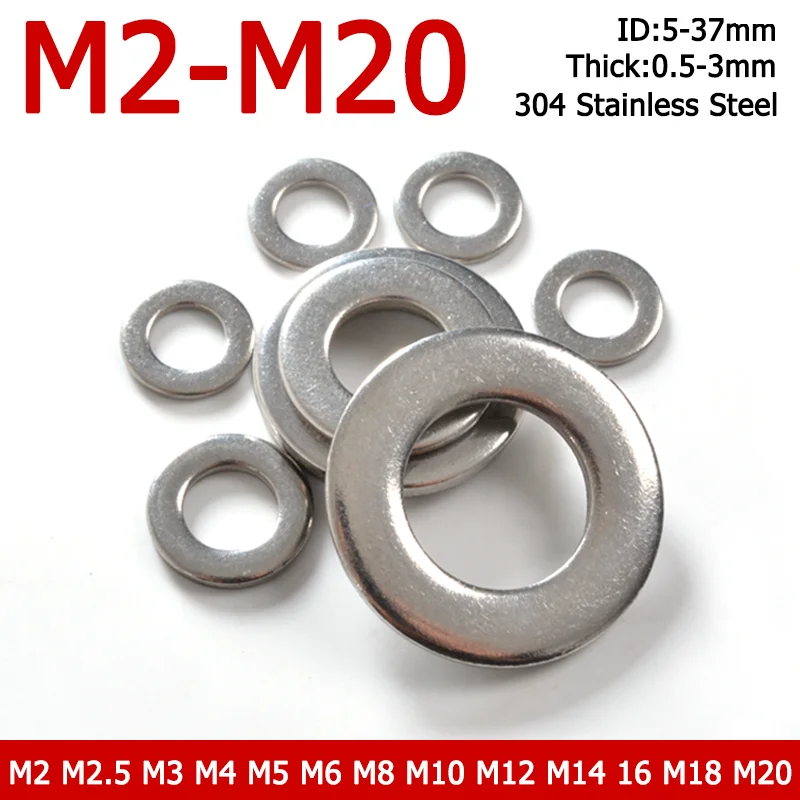 

10-100pcs M2/M2.5/M3/M4/M5/M6/M8/M10/M12/M14/M16/M18/M20 Flat Washer 304 Stainless Steel Metal Gasket Meson Plain Washers DIN933