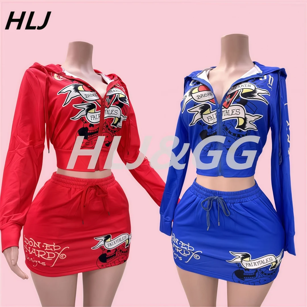 HLJ Red Fashion Pattern Printing Mini Skirts Two Piece Sets Women Zipper Hooded Long Sleeve Crop Top + Drawstring Skirts Outfits