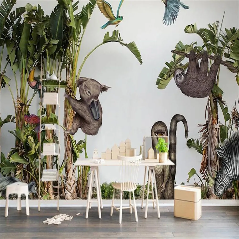 Customized product wallpaper 3D mural European simple rainforest plant banana leaf garden background wall children's room animal