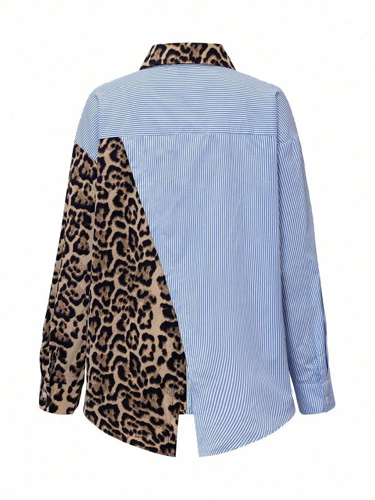 Koszula w panterkę z długim rękawem, patchworkowa, na wiosnę i jesień, luźny i nieregularny krój, uniwersalna do codziennych wyjść i pracy.