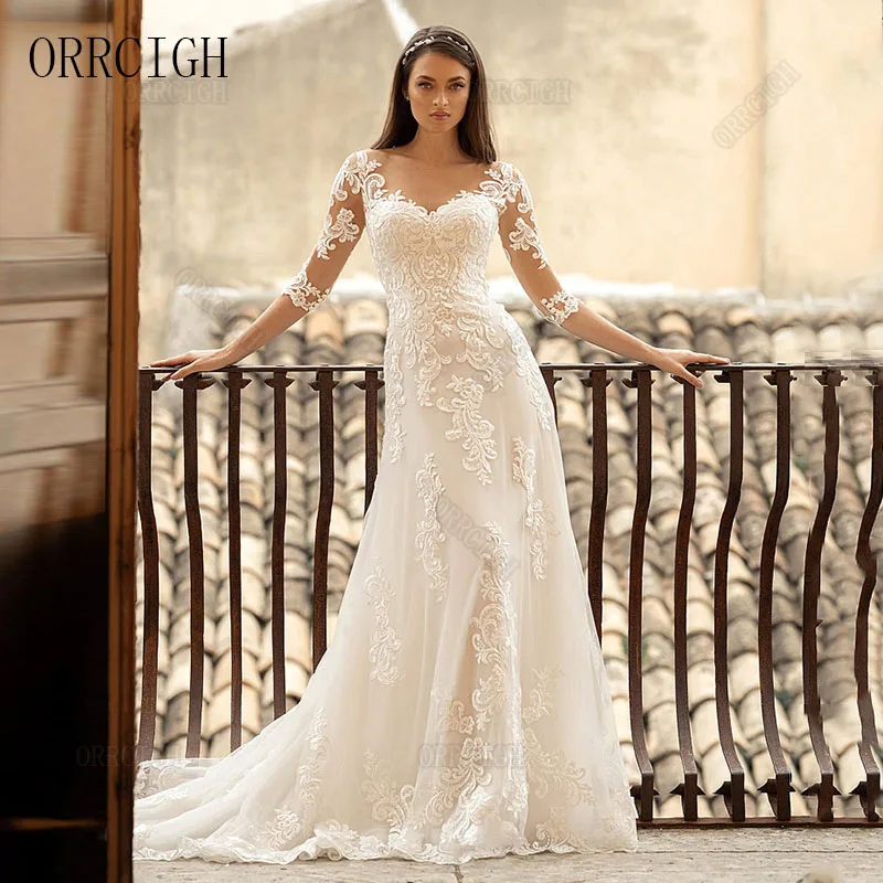 Exquisite Lace Applique Long Sleeve Wedding Dresses for Bride Sheer Neck Mermaid Bridal Gown with Train Customizable