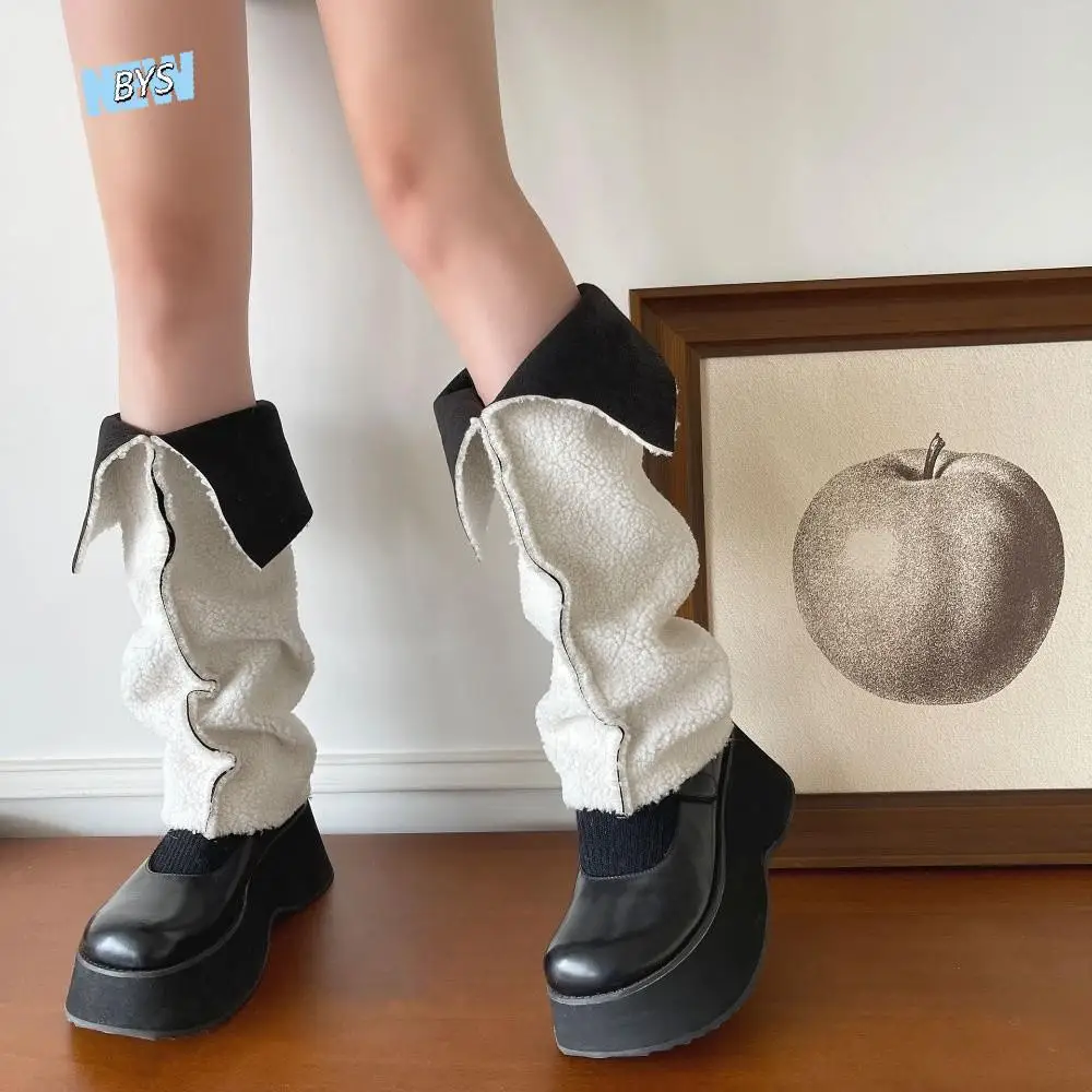 Y2K Thickened Suede Leg Warmers Mid-calf Wind Protection Foot Cover Turn-down Collar Design Warm Boots Cover Women