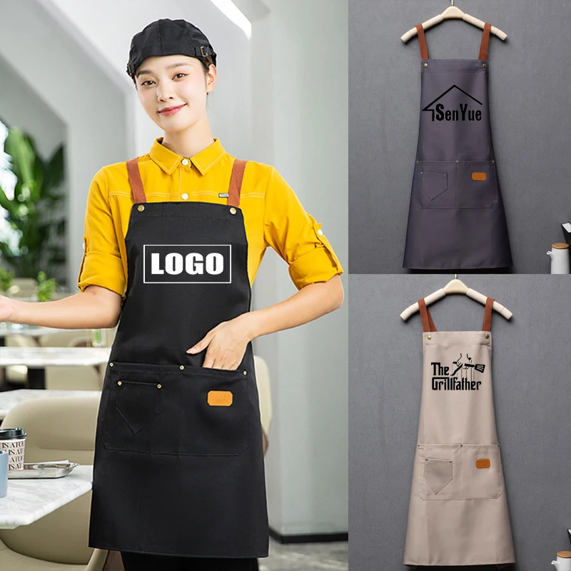 

Custom Embroidery Printing Logo Men Women Kitchen Chef Baking Pockets Adult Restaurant Uniform Overol Nails Waterproof Apron