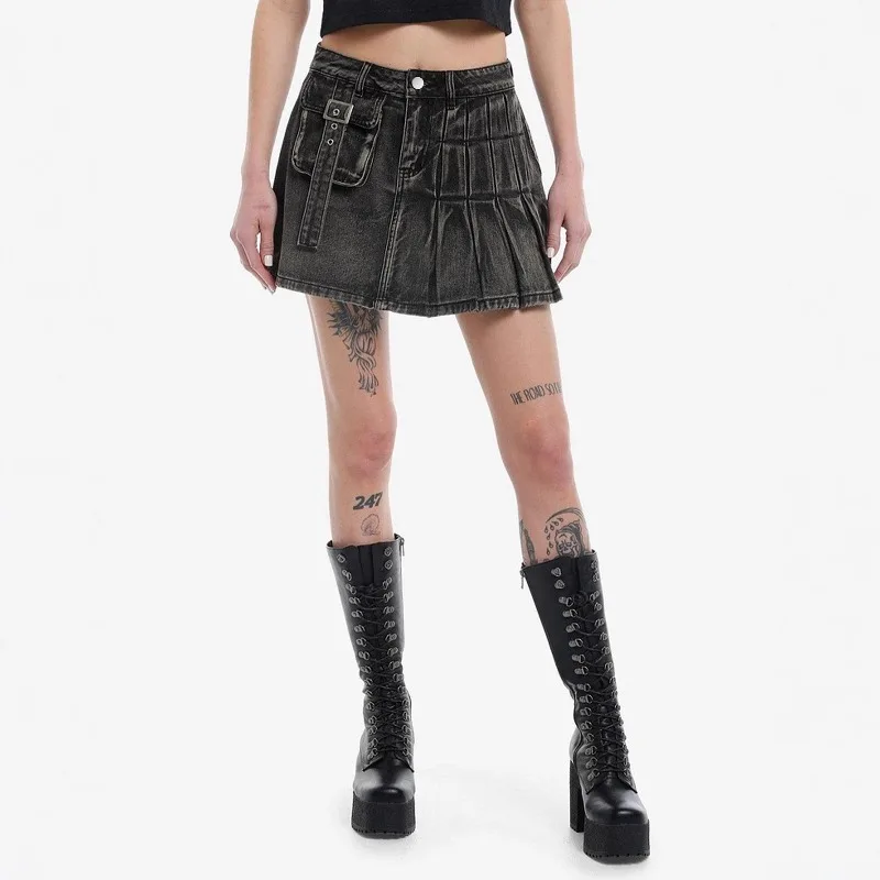 

summer clothes Women's Vintage Washed Denim Pleated Skirt, High Waist Cargo Pocket Strap, Punk Streetwear Mini Skirt with Liner