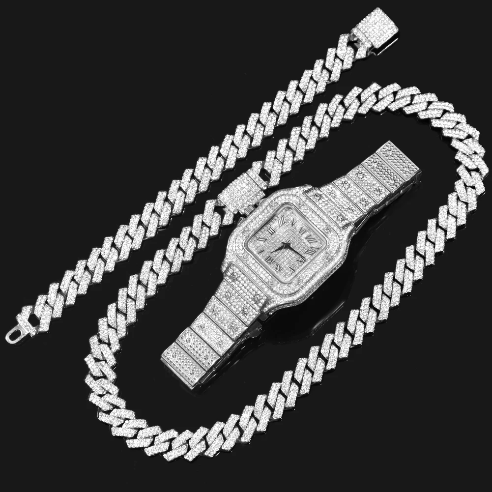 Gold Color 14mm Cuban Chain Watch Set for Men Iced Out Rhinestones Rapper Cuban Necklace Suit Watch+Bracelet Hip Hop Jewelry