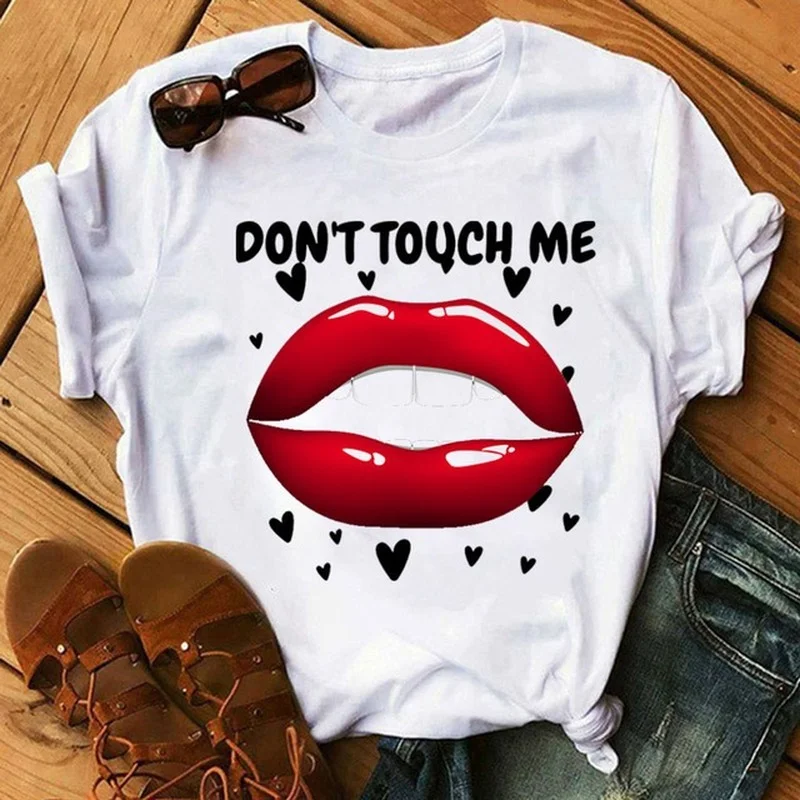 

Don't Touch Me Red Lip Print Women T Shirt Short Sleeve O Neck Loose Women Tshirt Ladies Tee Shirt Tops Camisetas Mujer