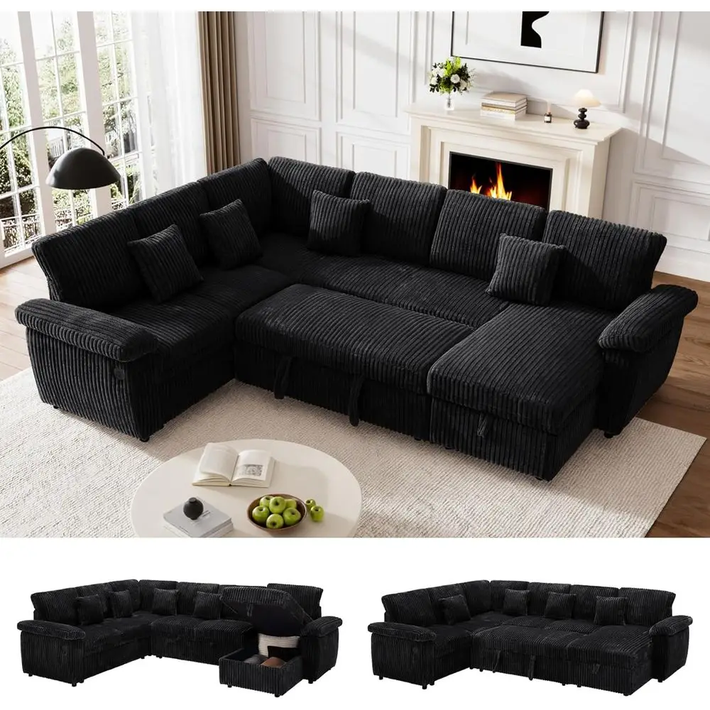 

Sectional Sleeper Sofa with Pull-Out Bed, Storage Chaise, Corduroy Fabric, Comfort-Shaped Couch, USB Ports, Ideal for Small Livi