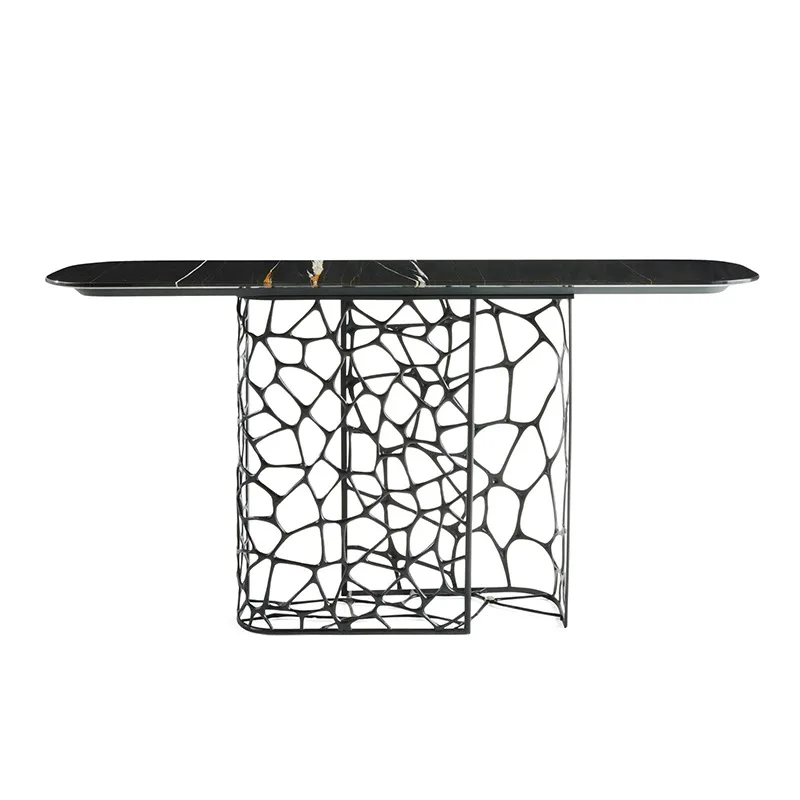 

Modern minimalist marble foyer table with a high-end feel, leaning against the wall and facing the entrance