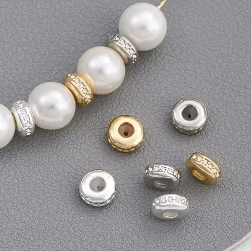 1 tapón de piedra de circonio recubierto de oro de 14K, cuenta de ajuste de silicona, espaciador de posicionamiento, rueda, cuenta plana, accesorio de cadena