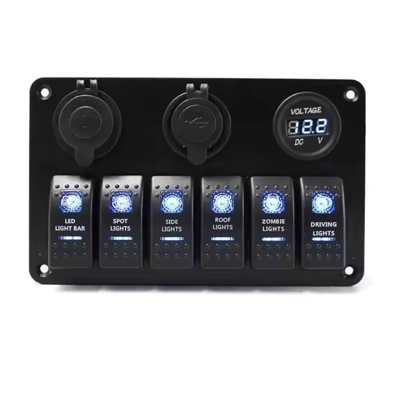 Waterproof 6 Gang  Engraving Rocker Voltmeter Switch Kit USB Socket Car Panel for Vehicle Truck Boat-DC 12-24V On-Off
