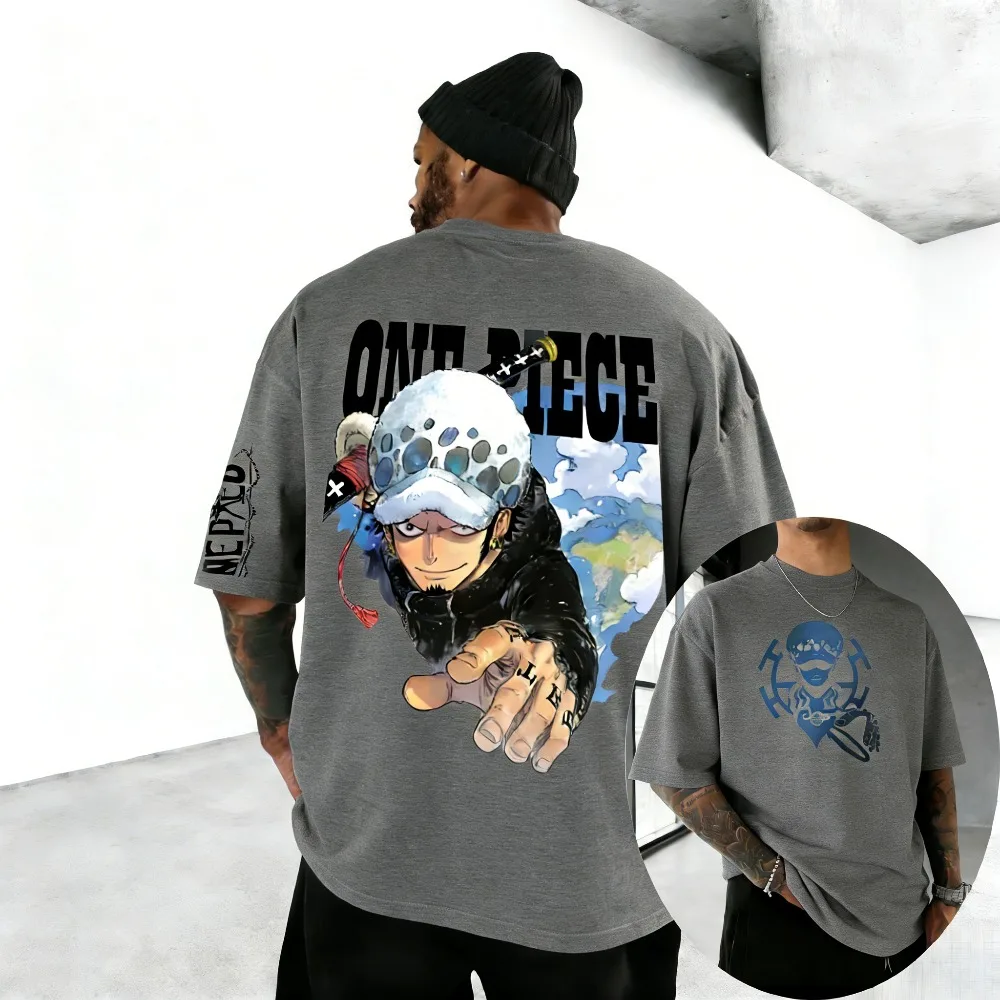 One Piece Trafalgar D. Water Law Unisex Pure Cotton T-shirt 2026 Summer Anime Print Loose Casual Parent-child Short Sleeved Top