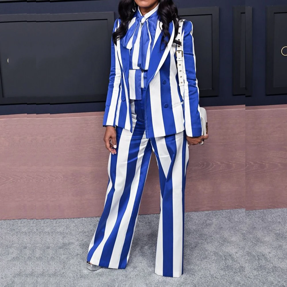 

Customized Vintage Stripe two Pieces Suit Set for Women Double Breasted Jacket Pant Set Slim Fit Office Banquet Female Clothing