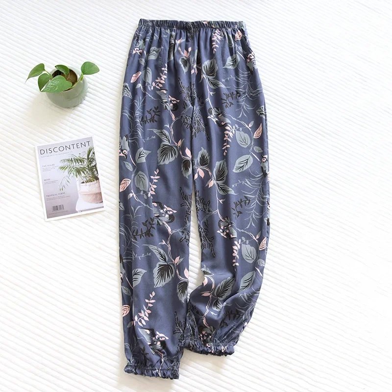 Primavera y novedad de verano pantalones de mujer 100% viscosa flores grandes pantalones de pijama cómodos pantalones de casa con cierre suelto de talla grande