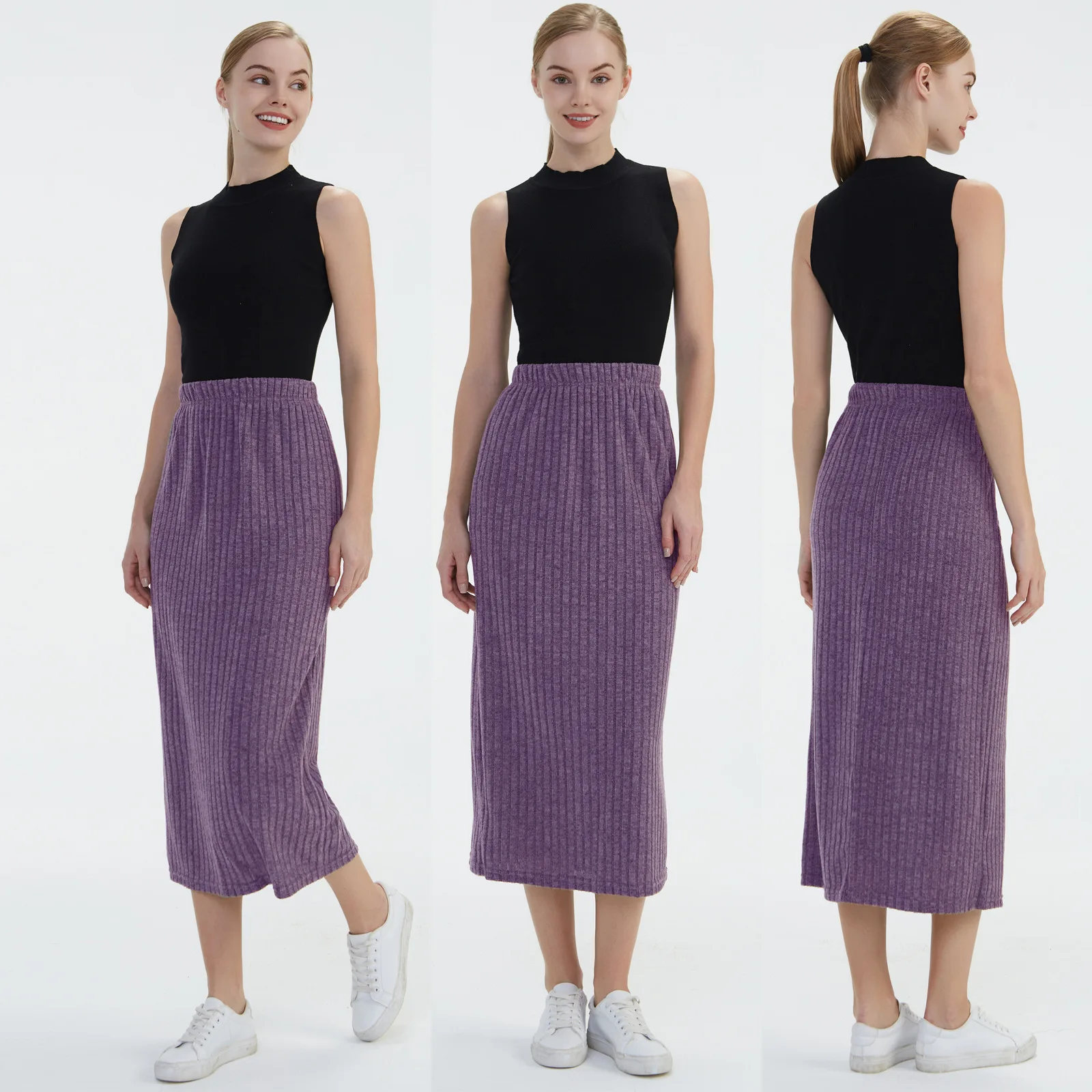 Falda larga ceñida roscada Sexy para mujer Otoño Invierno elegante ajustada faldas de cintura alta falda de punto de Color sólido para mujer