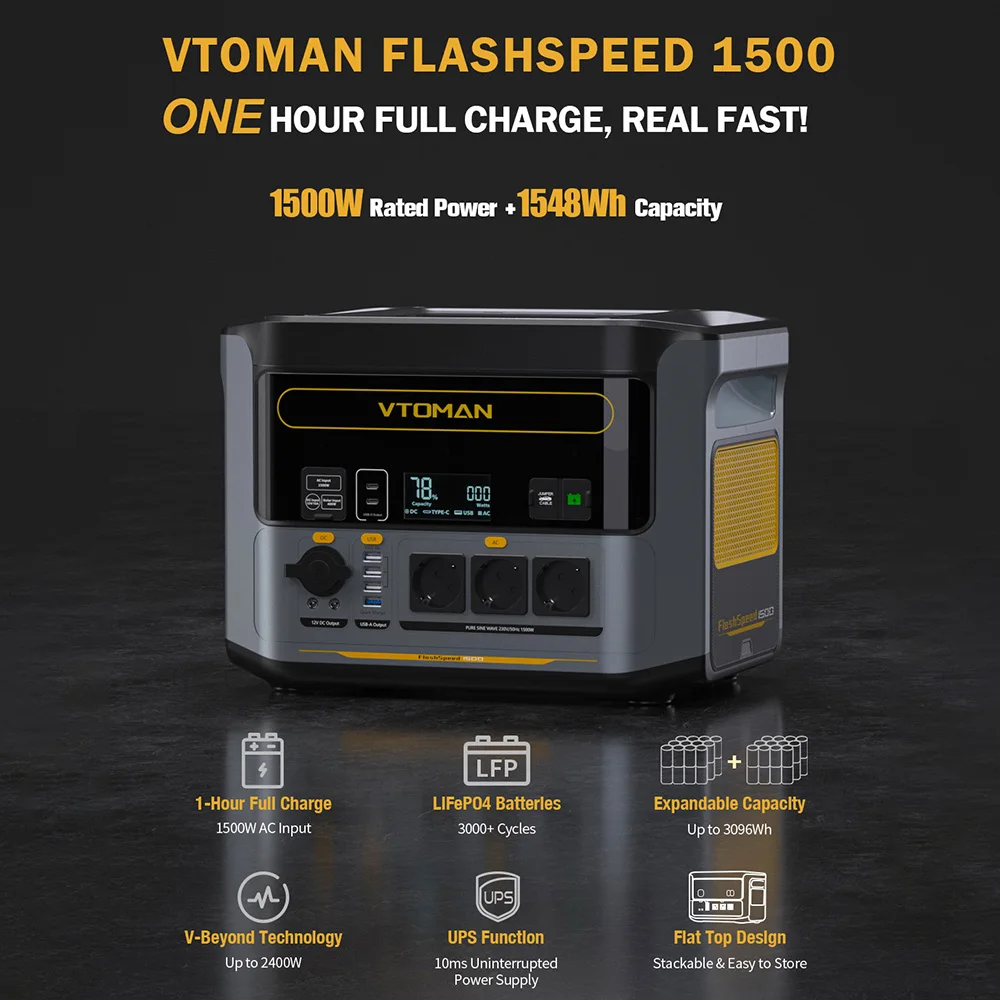 VTOMAN FlashSpeed 1500 Portable Power Station, 1548Wh LiFePO4 Battery, 1500W Output, 12V DC and 100W Type-C Ports, with 12 Ports