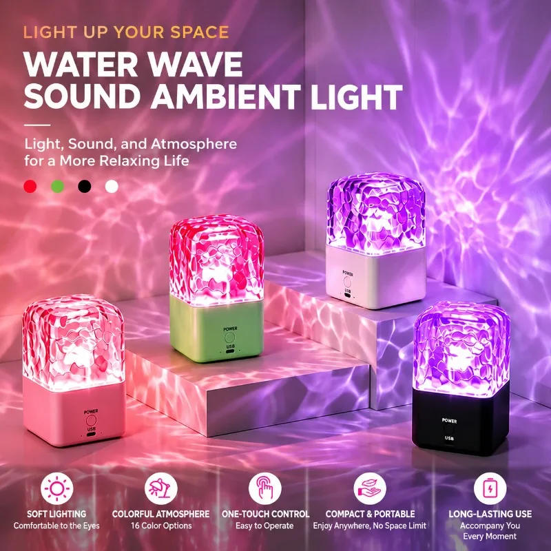 16 Colors LED Night Light Water Ripple Projector Dynamic Rotating Ambient lighting with Remote Dimming Family Bedroom Decor Lamp