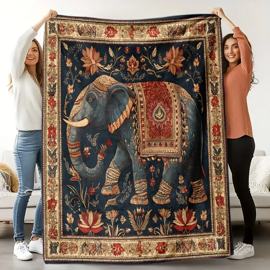 Vintage Bohemian Ornate Elephant Floral Border Dark Navy Base Flannel Throw Blanket Warm Cover For Sofa Ethnic India Decor Gift
