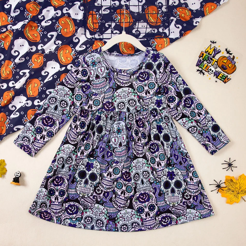 Charming Halloween Little Girls Skeleton Pattern Embellished Comfortable Long Sleeves Casual Dresses Suitable Celebration Party