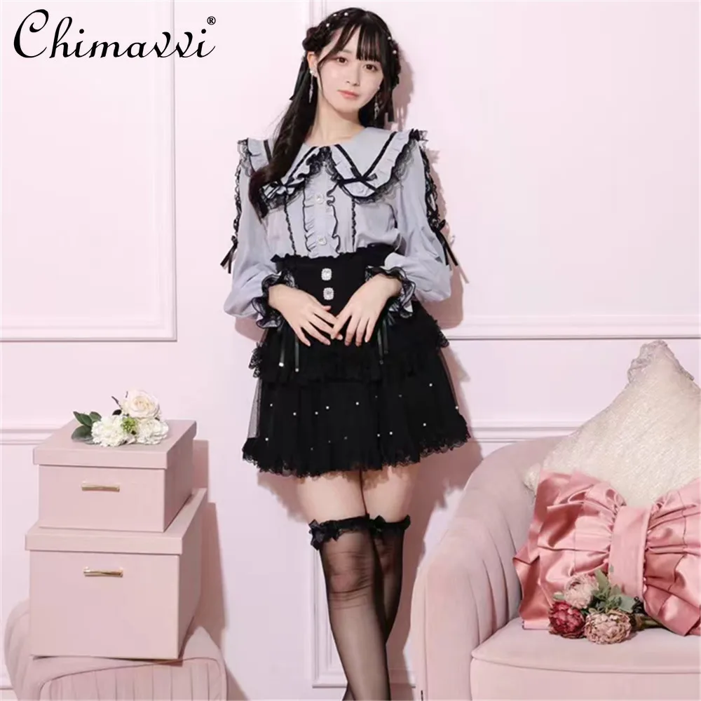 Lolita Style Sweet Lace Long Sleeve Shirt New 2024 Autumn New Japanese Mine Series Student Kawaii Loose Elegant Y2k Tops Blouse