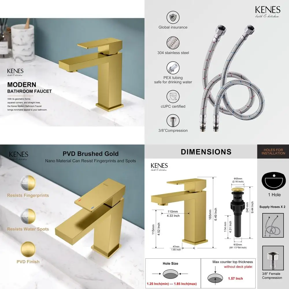 

Modern Single-Hole Gold Bathroom Faucet with Pop-Up Drain and Hoses, LJ-9031-4